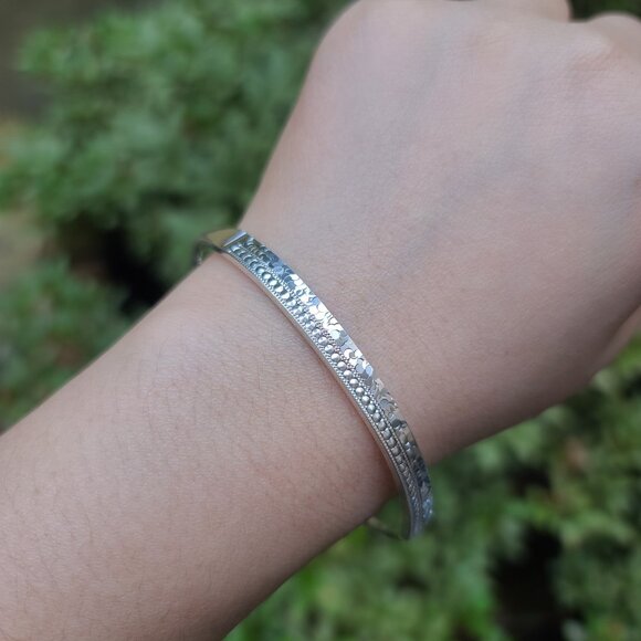 999.9 Fine Silver Bangle w Patterned Inlay Chinese Export Adjustable Bracelet - Picture 2 of 7